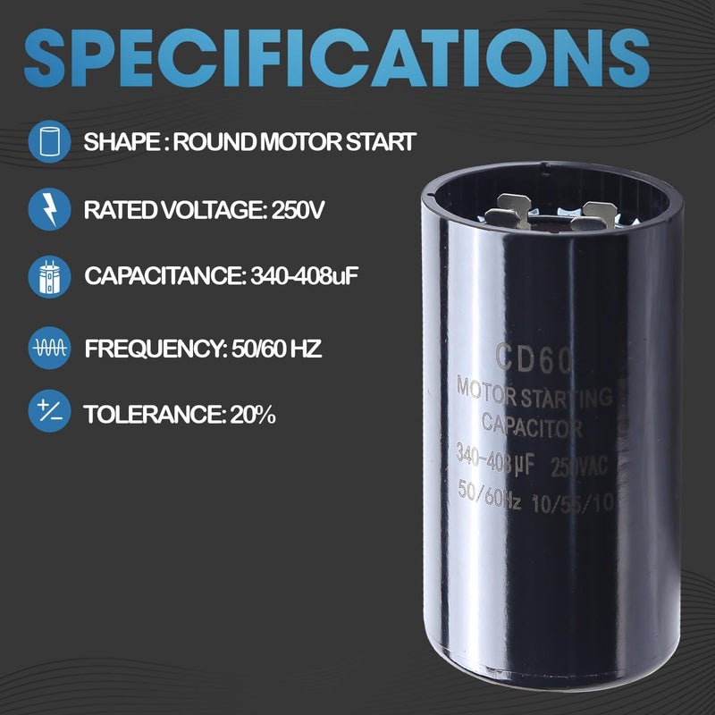 Seentech 340-408 uf/MFD 220-250 VAC ±20% CD60 Round Motor Start Capacitor 50/60 Hz AC Electric Motor Universal Fit for AC Motor Run or Fan Start and Cool or Heat Pump Air Conditioner - Image 5